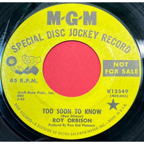 Roy Orbison Too Soon to Know / Youll Never Be Sixteen Again 45 Vinyl Rock Promo - Picture 1 of 6